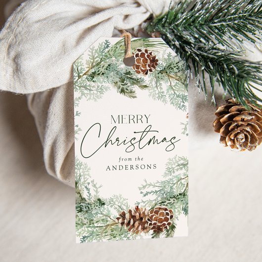 Rustige Waterverf Pine Cone Wreator Cadeaulabel