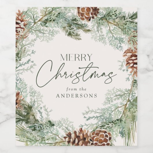 Rustige Waterverf Pine Cone Wreator Wijn Etiket (Enkel label)