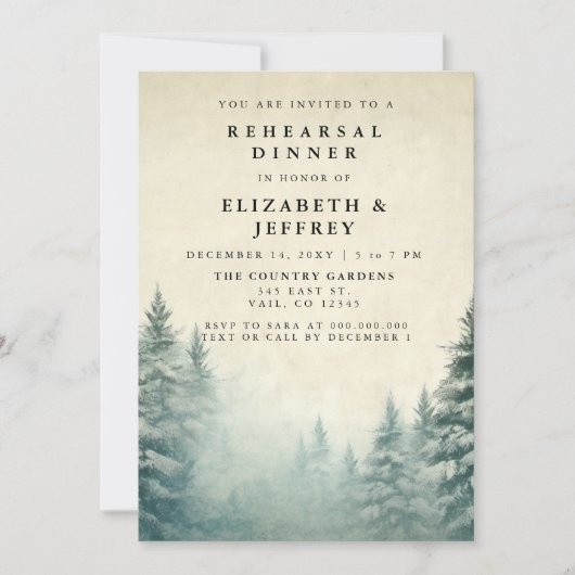 Rustige Waterverf Pine Forest Rehearsal Dinner Kaart (Voorkant)