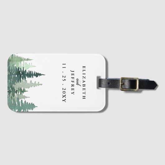 Rustige Waterverf Pine Forest Winter Wedding Bagagelabel (Voorkant (horizontaal))