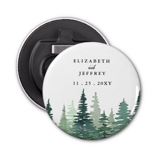 Rustige Waterverf Pine Forest Winter Wedding Button Flesopener (Voorkant)