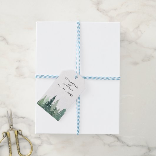 Rustige Waterverf Pine Forest Winter Wedding Cadeaulabel (Met Touw)