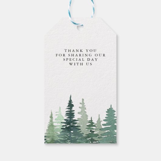 Rustige Waterverf Pine Forest Winter Wedding Cadeaulabel (Achterkant)