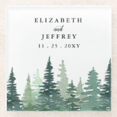 Rustige Waterverf Pine Forest Winter Wedding Glazen Onderzetter (Voorkant)