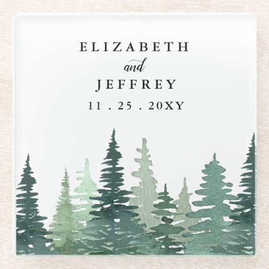 Rustige Waterverf Pine Forest Winter Wedding Glazen Onderzetter (Voorkant)
