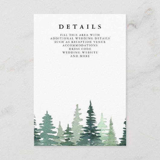 Rustige Waterverf Pine Forest Winter Wedding Informatiekaartje (Voorkant)