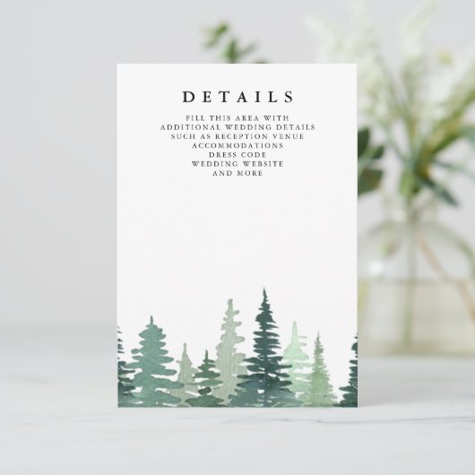 Rustige Waterverf Pine Forest Winter Wedding Informatiekaartje (Staand voorkant)
