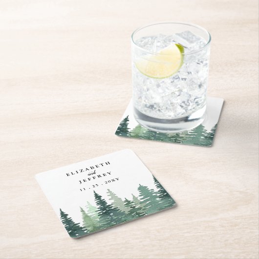 Rustige Waterverf Pine Forest Winter Wedding Kartonnen Onderzetters (Insitu)