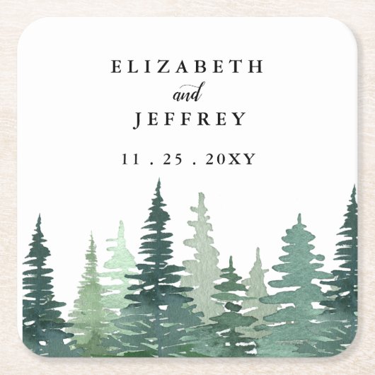 Rustige Waterverf Pine Forest Winter Wedding Kartonnen Onderzetters (Voorkant)