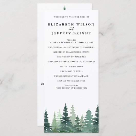 Rustige Waterverf Pine Forest Winter Wedding Programmakaart (Voorkant / Achterkant)