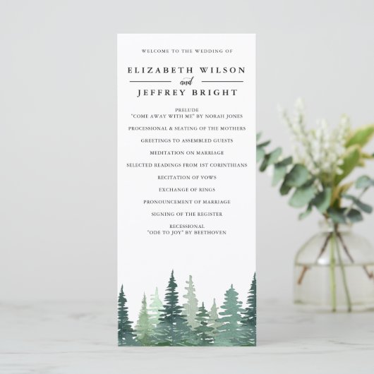 Rustige Waterverf Pine Forest Winter Wedding Programmakaart (Staand voorkant)