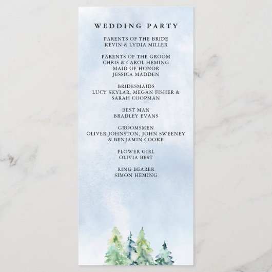 Rustige Waterverf Pine Forest Winter Wedding Programmakaart (Achterkant)