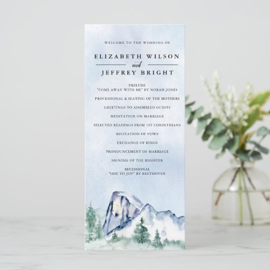 Rustige Waterverf Pine Forest Winter Wedding Programmakaart (Staand voorkant)