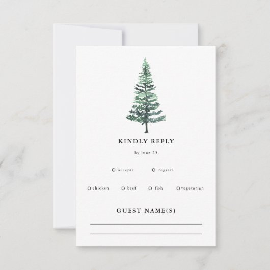 Rustige Waterverf Pine Forest Winter Wedding RSVP Kaartje (Voorkant)