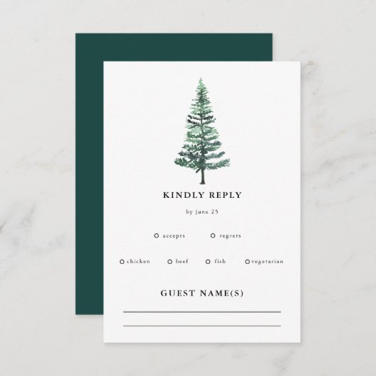 Rustige Waterverf Pine Forest Winter Wedding RSVP Kaartje (Voorkant / Achterkant)