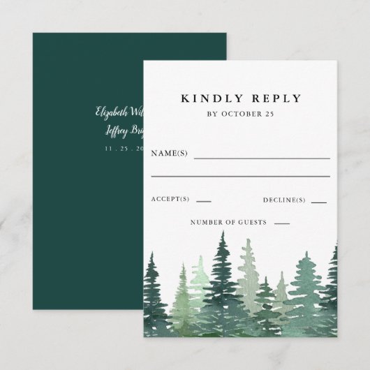 Rustige Waterverf Pine Forest Winter Wedding RSVP Kaartje (Voorkant / Achterkant)