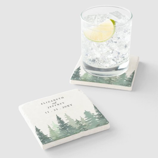 Rustige Waterverf Pine Forest Winter Wedding Stenen Onderzetter (Zijkant)