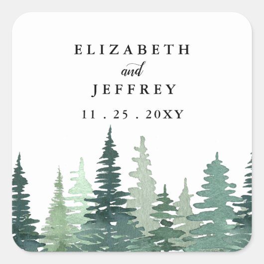 Rustige Waterverf Pine Forest Winter Wedding Vierkante Sticker (Voorkant)