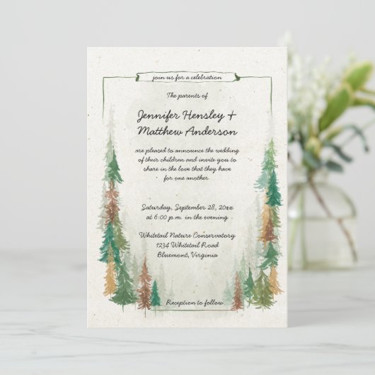 Rustige Waterverf Pine Tree Forest Wedding Kaart (Staand voorkant)