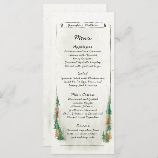 Rustige Waterverf Pine Tree Forest Wedding Menu (Voorkant / Achterkant)