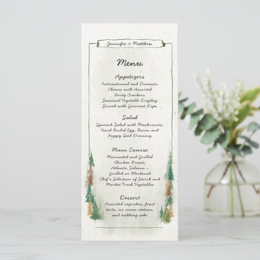 Rustige Waterverf Pine Tree Forest Wedding Menu (Staand voorkant)