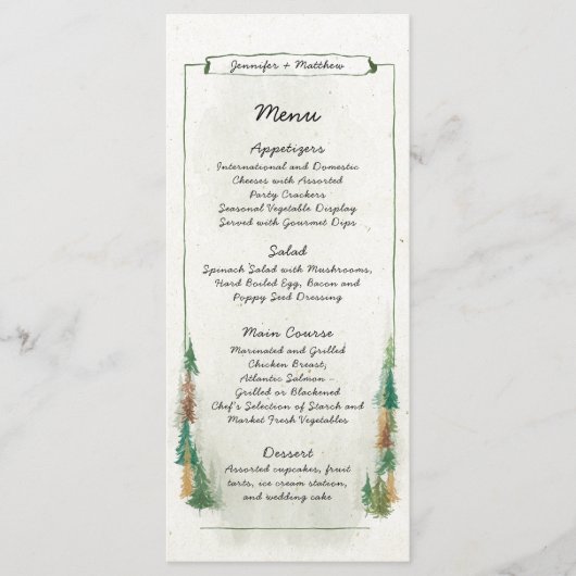 Rustige Waterverf Pine Tree Forest Wedding Menu (Voorkant)