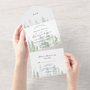 Rustige Waterverf Pine Trees Forest Wedding All In One Uitnodiging