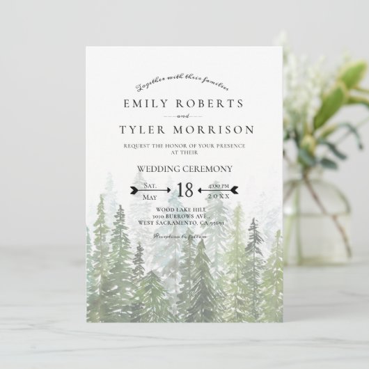 Rustige Waterverf Pine Trees Forest Wedding Kaart (Staand voorkant)