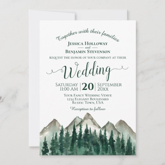 Rustige Waterverf Pine Trees & Mountains Wedding Kaart (Voorkant)