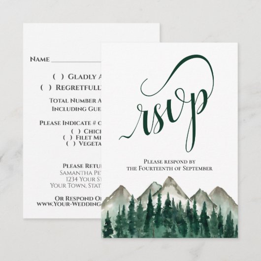 Rustige Waterverf Pine Trees & Mountains Wedding RSVP Kaartje (Voorkant / Achterkant)