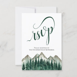 Rustige Waterverf Pine Trees & Mountains Wedding RSVP Kaartje