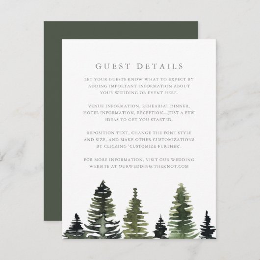 Rustige Waterverf Pine Trees Wedding Guest Details Informatiekaartje (Voorkant / Achterkant)