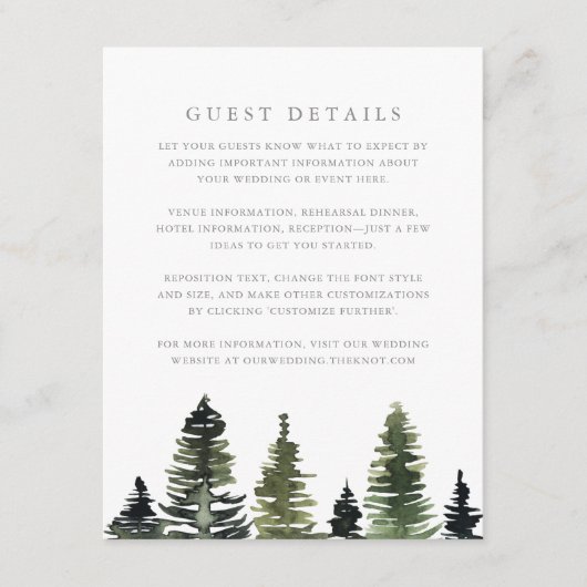 Rustige Waterverf Pine Trees Wedding Guest Details Informatiekaartje (Voorkant)
