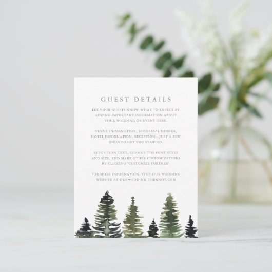 Rustige Waterverf Pine Trees Wedding Guest Details Informatiekaartje (Staand voorkant)