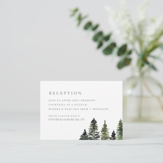 Rustige Waterverf Pine Trees Wedding Reception Informatiekaartje (Staand voorkant)