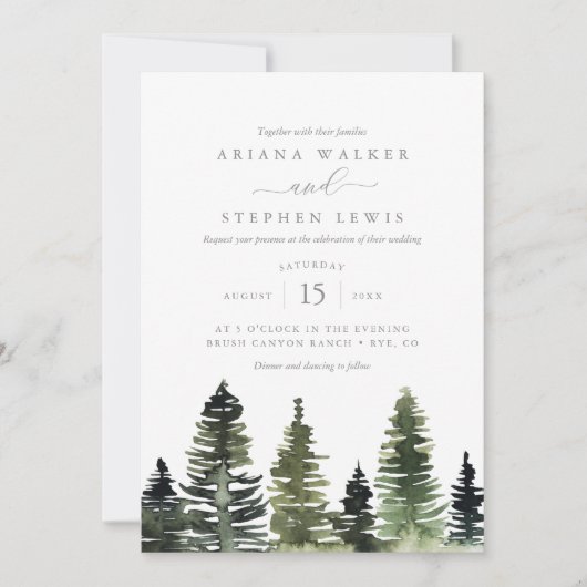 Rustige Waterverf Pine Trees Wedding Uitnodiging (Voorkant)