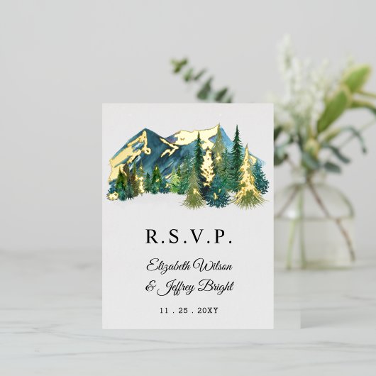 Rustige Waterverf — Pine Winter RSVP Folie Uitnodiging Briefkaart (Staand Voorkant)