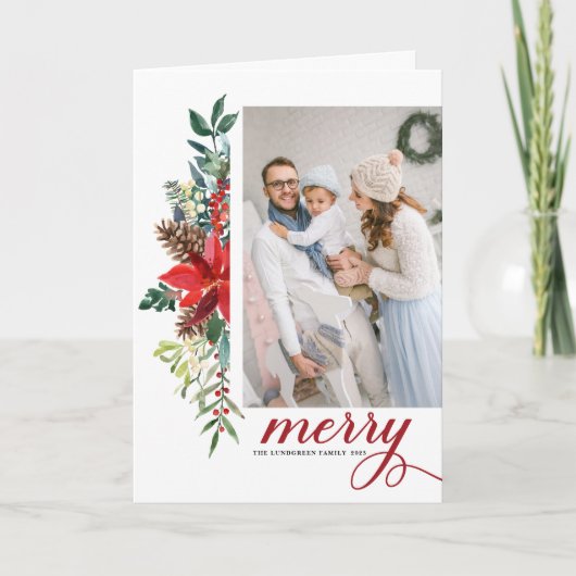 Rustige Waterverf Poinsettia Kerstafoto Feestdagen Kaart (Voorkant)
