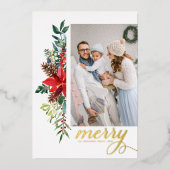 Rustige Waterverf Poinsettia Kerstafoto Folie Feestdagenkaart (Voorkant)