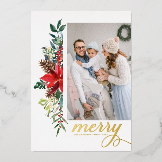 Rustige Waterverf Poinsettia Kerstafoto Folie Feestdagenkaart (Voorkant)