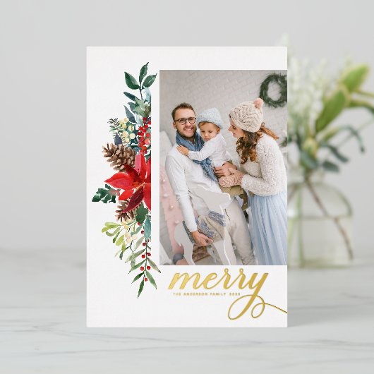 Rustige Waterverf Poinsettia Kerstafoto Folie Feestdagenkaart (Staand Voorkant)