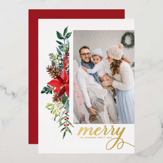 Rustige Waterverf Poinsettia Kerstafoto Folie Feestdagenkaart (Voorkant / Achterkant)