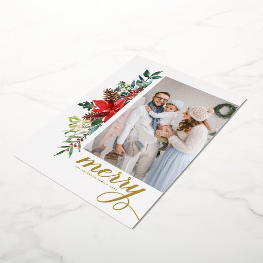 Rustige Waterverf Poinsettia Kerstafoto Folie Feestdagenkaart (Gedraaid)