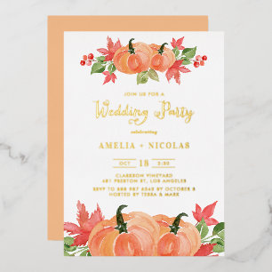 Rustige Waterverf Pumpkin Fall Wedding Party Folie Uitnodiging