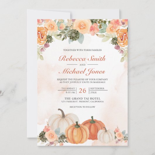 Rustige Waterverf Pumpkin Floral Fall Wedding Kaart (Voorkant)