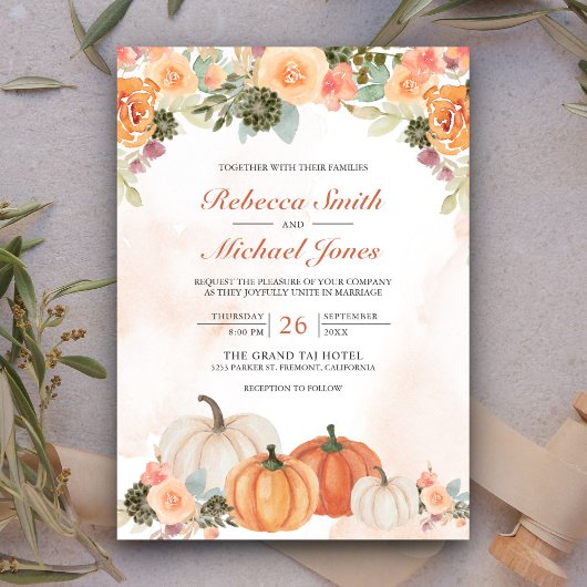 Rustige Waterverf Pumpkin Floral Fall Wedding Kaart