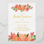 Rustige Waterverf Pumpkin Herfst Bridal Luncheon Folie Uitnodiging<br><div class="desc">Nodig gasten aan uw vrijgezellenfeest met deze klantgerichte de luncheon uitnodiging van de herfst brudal. Het bevat waterverf oranje pompoenen,  paarse bladeren en groene. Pas deze gouden folie brudal luncheon uitnodiging aan door uw gebeurtenisdetails toe te voegen. Deze pompoenbridale luncheon-uitnodiging is perfect voor herfst vrijgezellenfeesten.</div>
