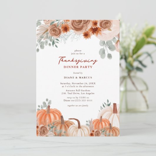 Rustige Waterverf Pumpkin Thanksgiving Dinner Kaart (Staand voorkant)