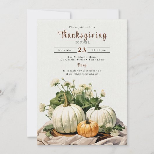 Rustige Waterverf Pumpkin Thanksgiving Dinner Kaart (Voorkant)