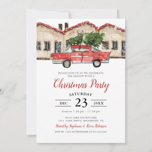 Rustige Waterverf Red Truck House Kerstparty Kaart (Voorkant)